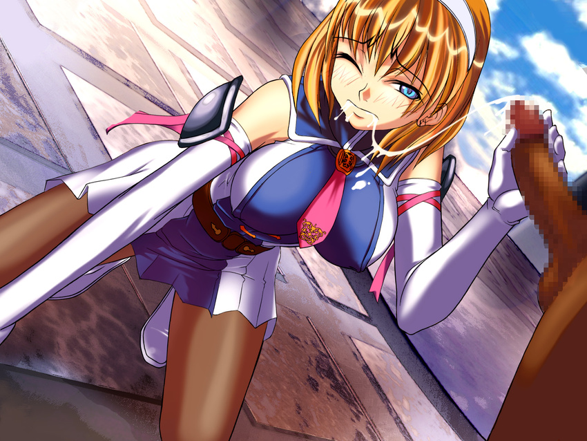 blonde_hair blue_eyes cassandra_alexandra censored cum fellatio hairband highres mosaic_censoring necktie oogami_yuuki oral pantyhose penis pink_neckwear solo_focus soulcalibur