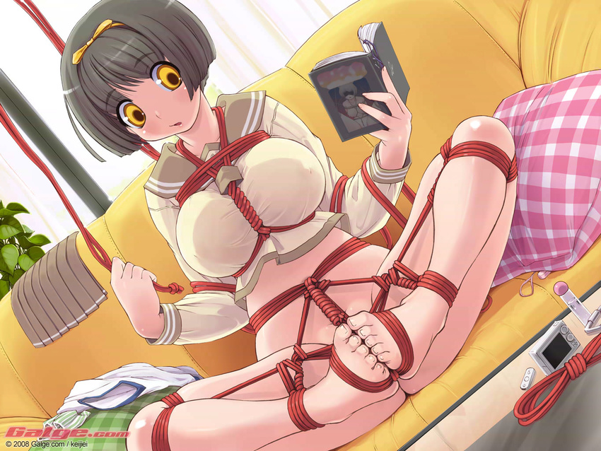 barefoot bdsm bondage book bound breasts brown_hair butterfly_sitting couch dutch_angle galge.com kei_jiei large_breasts no_panties original reading red_rope rope school_uniform self_bondage shibari short_hair solo undressing yellow_eyes