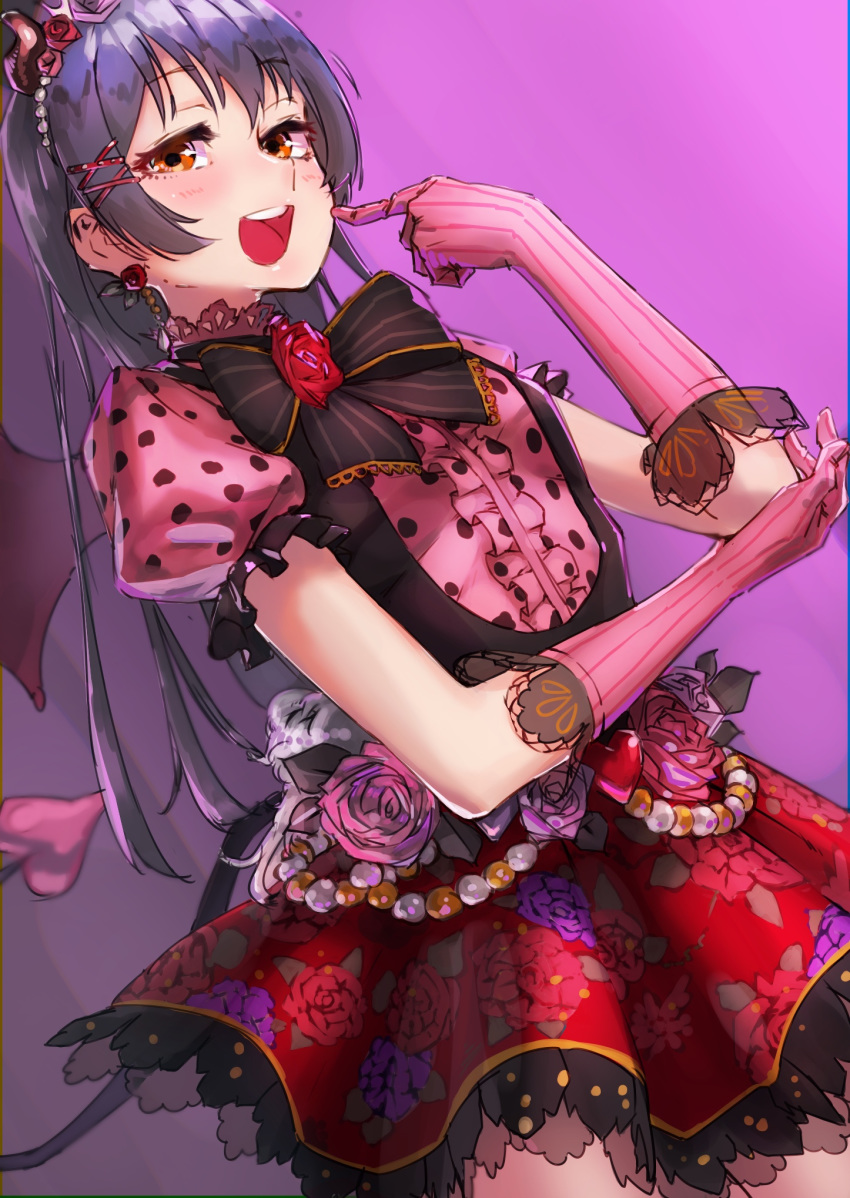 1girl bangs bat_wings blue_hair blush dress earrings eyebrows_visible_through_hair finger_to_mouth floral_print flower ghode_(basashi) gloves hair_between_eyes hair_flower hair_ornament hairclip heart highres horns jewelry lace lace-trimmed_gloves lace-trimmed_skirt long_hair looking_at_viewer love_live! love_live!_school_idol_festival love_live!_school_idol_project neck_ribbon open_mouth polka_dot puffy_short_sleeves puffy_sleeves red_skirt ribbon short_sleeves simple_background skirt smile solo sonoda_umi striped striped_gloves wings yellow_eyes