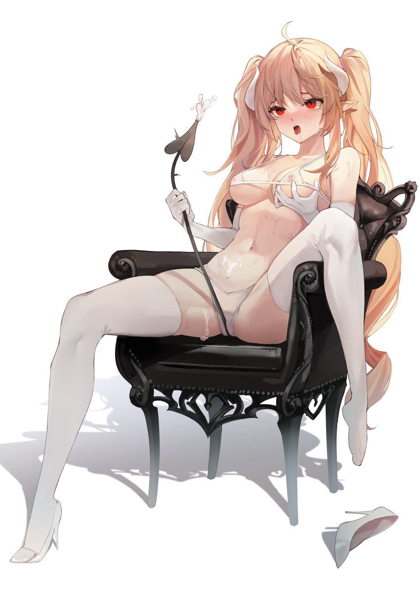 1girl absurdres bikini blonde_hair breasts chukibabo2 commission demon_horns demon_tail high_heels highres holding_own_tail horns long_hair medium_breasts open_mouth pointy_ears red_eyes self_fondle shoes single_shoe solo swimsuit tail thighhighs twintails very_long_hair white_bikini