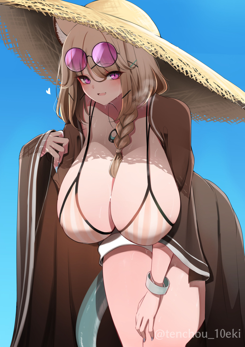 10eki_(tenchou) 1girl absurdres animal_ear_fluff aqua_nails arknights bangs bare_legs bent_over bikini bikini_top_only braid breasts cleavage coat collarbone commentary_request cowboy_shot curvy eyewear_on_head fang hanging_breasts hat highres huge_breasts light_brown_hair long_hair looking_at_viewer open_mouth paid_reward_available purple-tinted_eyewear purple_eyes revision skin_fang sky smile straw_hat striped striped_bikini sun_hat sunglasses swept_bangs swimsuit tinted_eyewear twin_braids utage_(arknights) utage_(summer_flowers)_(arknights) vertical-striped_bikini vertical_stripes