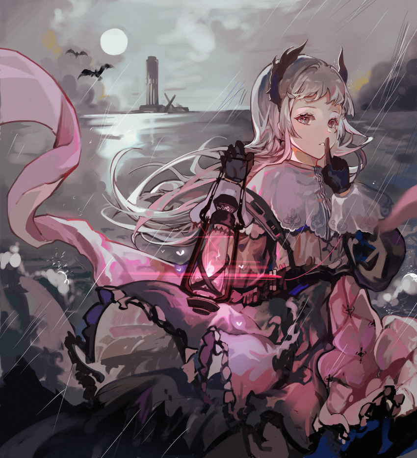 1girl absurdres arknights black_gloves black_jacket brown_eyes capelet cloud cloudy_sky cowboy_shot finger_to_mouth gloves grey_hair head_wings high-waist_skirt highres holding holding_lantern index_finger_raised irene_(arknights) jacket lantern lens_flare lighthouse long_hair long_sleeves looking_at_viewer minini97372 ocean parted_lips puffy_long_sleeves puffy_sleeves purple_skirt rain shushing skirt sky smile solo sun water white_capelet