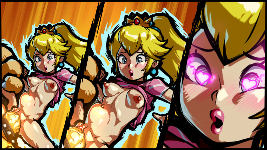 &lt;3 &lt;3_eyes absurd_res blonde_hair blue_eyes blush bowser breasts crown ear_piercing ear_ring female genitals glowing glowing_eyes hair hi_res human human_focus jcm2_(artist) koopa lips male male/female mammal mario_bros mario_strikers_battle_league nintendo nipples on_model penis piercing pink_lips ponytail princess_peach pussy reptile scalie turtle vaginal video_games