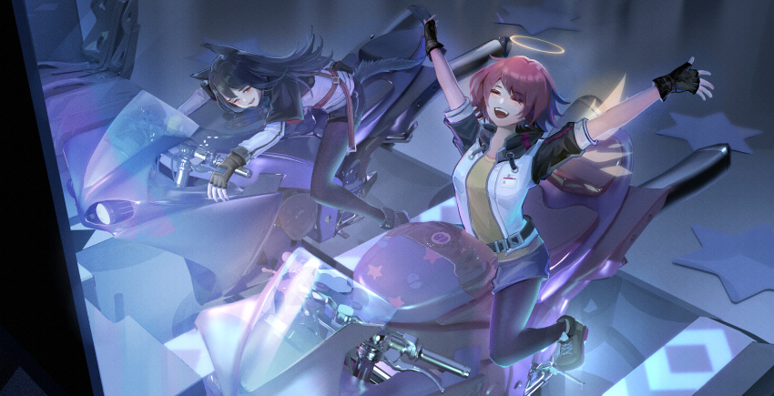 2girls ;d animal_ears arcade_cabinet arknights arms_up belt black_footwear black_gloves black_hair black_legwear black_shorts brown_gloves brown_shirt cheering detached_wings exusiai_(arknights) eyebrows_visible_through_hair fingerless_gloves full_body gloves glowing hair_over_one_eye halo highres indoors jacket legwear_under_shorts long_hair long_sleeves looking_to_the_side lying multiple_girls on_stomach one_eye_closed open_clothes open_jacket open_mouth orange_eyes pantyhose red_eyes red_hair shirt short_hair short_sleeves shorts sitting smile star_(symbol) tail texas_(arknights) white_jacket wings wolf_ears wolf_girl wolf_tail xilin