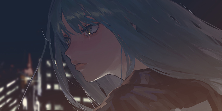 1girl absurdres bangs blue_hair blurry blurry_background building city_lights closed_mouth eyelashes hair_between_eyes highres k1llg lips long_hair night original outdoors portrait sky solo yellow_eyes