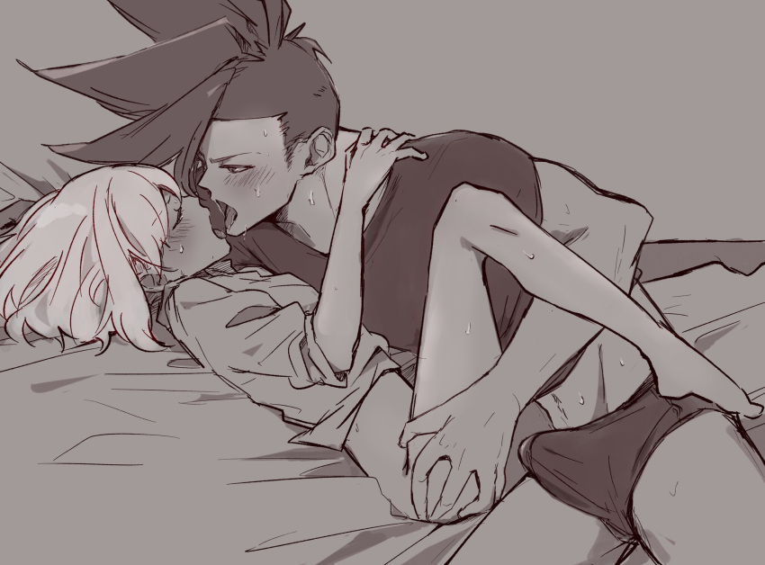 2boys androgynous aus_vaka blush bulge closed_eyes french_kiss galo_thymos highres kiss lio_fotia lying male_focus male_underwear mohawk monochrome multiple_boys on_back open_mouth promare short_hair sidecut size_difference spiked_hair sweat tongue tongue_out underwear yaoi