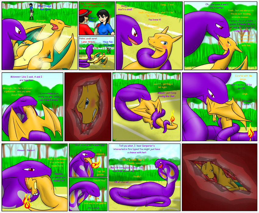 abdominal_bulge ambiguous/ambiguous ambiguous_gender arbok charizard coiling duo english_text female feral hi_res human internal livinlovindude male mammal nintendo oral_vore pok&eacute;mon pok&eacute;mon_(species) pok&eacute;mon_trainer swallowing text video_games vore