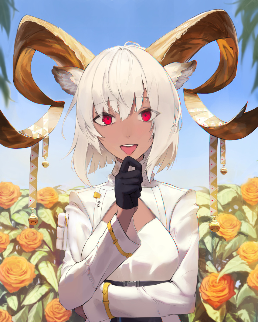 1girl :d absurdres animal_ears arknights bee black_gloves blue_sky breasts bug carnelian_(arknights) dark-skinned_female dark_skin flower gloves goat_ears goat_girl goat_horns half_gloves hand_up highres horns jacket long_sleeves looking_at_viewer open_clothes open_jacket open_mouth orange_flower outdoors shirt short_hair single_glove sky small_breasts smile solo straight-on subu_art teeth upper_teeth white_hair white_jacket white_shirt