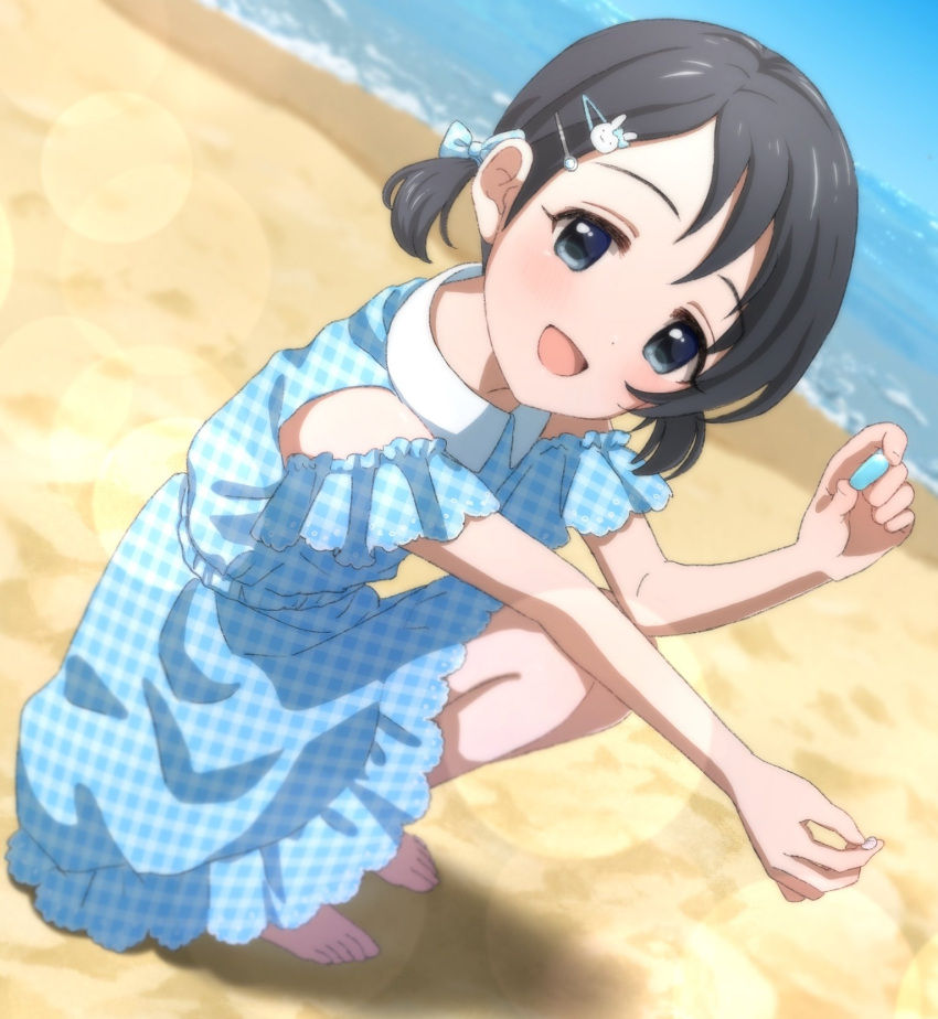 bangs barefoot beach black_eyes blue_bow blue_dress bow bunny_hair_ornament checkered_clothes checkered_dress child clothing_cutout collared_dress day dress gem hair_bow hair_ornament hairclip highres holding holding_rock holding_shell idolmaster idolmaster_cinderella_girls light_blush looking_at_viewer megabee_e ocean open_mouth outdoors sand sasaki_chie shell short_hair short_twintails shoulder_cutout smile solo squatting symbol-only_commentary twintails water
