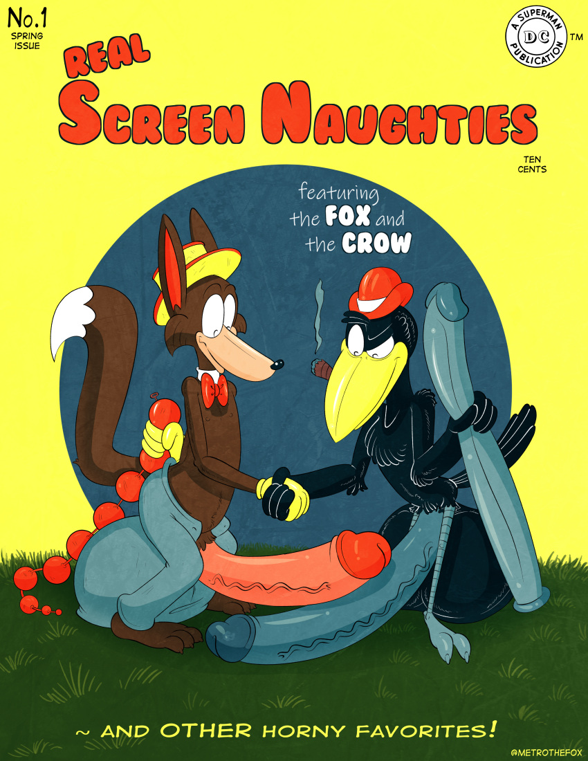 absurd_res anal_beads anthro avian balls big_balls big_penis bird bottomwear canid canine clothed clothing corvid corvus_(genus) cover cover_art cover_page crow dildo duo fox genitals gesture handshake hi_res huge_balls huge_penis hyper hyper_balls hyper_genitalia hyper_penis male male/male mammal metrothefox open_bottomwear open_clothing open_pants oscine pants passerine penis sex_toy smoking the_fox_and_the_crow