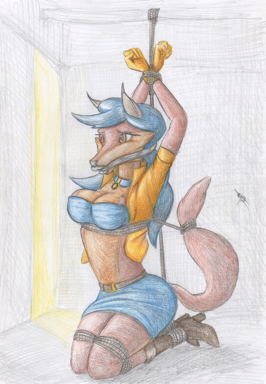 2016 absurd_res anthro arms_above_head arms_tied bdsm belt blue_hair bondage boots bottomwear bound breasts canid canine carmelita_fox cleavage closet cloth clothed clothing collar colored_pencil_(artwork) crop_top duct_tape eyelashes female fluffy fluffy_tail footwear fox full-length_portrait gag gagged hair hi_res high_heeled_boots high_heels improvised_gag inside jacket legs_tied long_hair looking_away mammal midriff pencil_skirt portrait restraints rope rope_bondage shirt simple_background skirt slim sly_cooper_(series) solo sony_corporation sony_interactive_entertainment spiritalpha stuff_gag sucker_punch_productions tail_tied tape tape_gag topwear traditional_media_(artwork) video_games