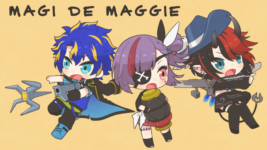 0u0_ri 1boy 2girls apex_legends astel_leda bangs black_gloves black_hair black_jacket black_legwear black_pants black_serafuku black_skirt blonde_hair blue_eyes blue_footwear blue_hair blue_headwear blue_jacket blue_neckerchief blush chibi commentary_request cowboy_hat cross cross_earrings demon_girl demon_horns demon_tail ear_piercing earrings eyepatch fingerless_gloves full_body gloves grey_horns gun hat holding holding_gun holding_weapon holostars horns jacket jewelry looking_afar multicolored_hair multiple_girls neckerchief official_alternate_costume one_side_up open_mouth pants piercing pleated_skirt pointy_ears purple_hair red_eyes red_hair red_skirt ryugasaki_rene school_uniform serafuku short_hair simple_background skirt streaked_hair sugar_lyric tail tenjin_kotone tenjin_kotone_(channel) thighhighs two-sided_fabric two-sided_jacket two-tone_hair virtual_youtuber weapon yellow_background