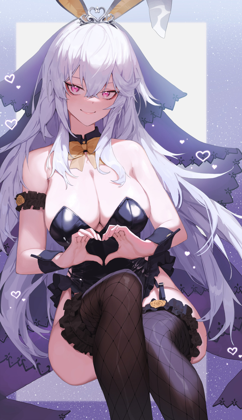 1girl absurdres animal_ears bangs bare_shoulders black_leotard bow bowtie breasts cleavage closed_mouth counter:side detached_collar fake_animal_ears fishnet_legwear fishnets frilled_legwear gaeun_(counter:side) garter_straps grey_hair hair_between_eyes heart heart_hands highres large_breasts leotard long_hair looking_at_viewer pink_eyes rabbit_ears smile solo strapless strapless_leotard thighhighs tiara tunamayo_(dsasd751) veil very_long_hair wrist_cuffs yellow_bow yellow_bowtie