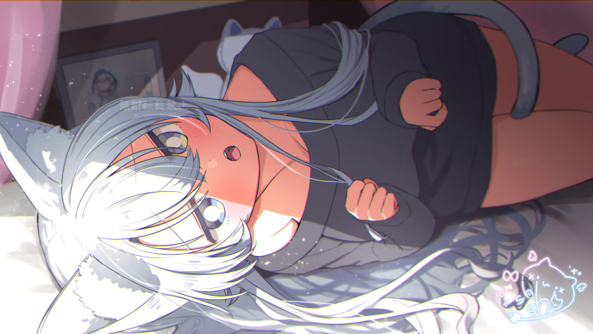 1girl animal_ear_fluff animal_ears cat_ears cat_tail grey_eyes highres long_hair long_sleeves looking_at_viewer lying naked_sweater on_side open_mouth original photo_(object) picture_frame sweater tail utaha_shiu white_hair