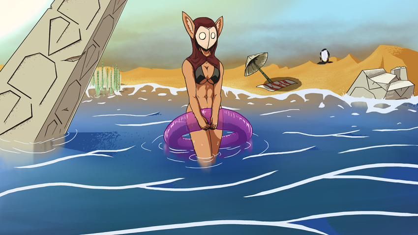 anthro ashy_(fieryashy) beach bottomless bra breasts cleavage clothed clothing covering covering_crotch covering_self female fieryashy headgear headwear hood inflatable inner_tube mammal mask sea seaside solo underwear unknown_species water