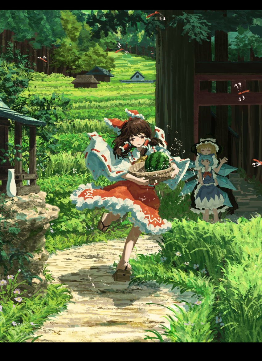 3girls ascot black_headwear blonde_hair blue_bow blue_hair blue_skirt blue_vest blush bow bowl brown_hair bug building cirno closed_eyes collared_shirt commentary detached_sleeves dragonfly field flower food forest frilled_bow frilled_hair_tubes frilled_skirt frills fruit geta grass hair_bow hair_tubes hakurei_reimu hat head_on_head head_rest highres holding holding_bowl house ice ice_wings kajatony kirisame_marisa letterboxed long_hair looking_at_another looking_at_viewer making-of_available medium_hair multiple_girls nature neckerchief nose_blush outdoors parted_lips path puffy_short_sleeves puffy_sleeves red_bow red_neckerchief red_skirt red_vest ribbon-trimmed_sleeves ribbon_trim scenery shirt short_hair short_sleeves shrine sidelocks skirt skirt_set standing standing_on_one_leg sweatdrop torii touhou tree vase vest water watermelon white_flower white_shirt white_sleeves wide_sleeves wings witch_hat yellow_ascot