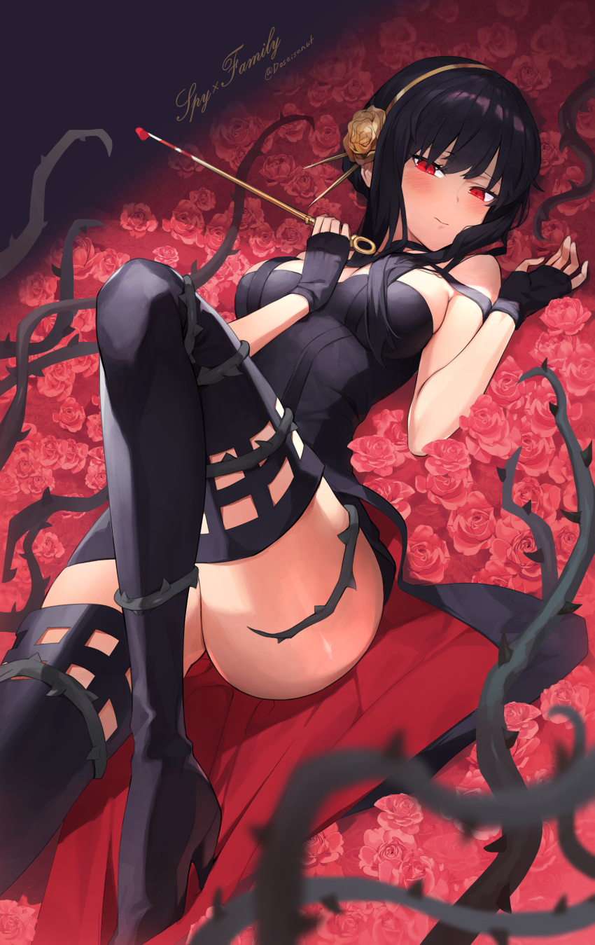 1girl absurdres bangs bed_of_roses black_dress black_gloves black_hair black_legwear blood blood_on_weapon blurry blush boots breasts closed_mouth commentary copyright_name depth_of_field dosei dress fingerless_gloves flower gloves gold_hairband hair_flower hair_ornament high_heel_boots high_heels highres knee_up long_hair looking_at_viewer lying medium_breasts on_back plant red_eyes red_flower red_rose rose sidelocks signature solo spikes spy_x_family taut_clothes taut_dress thigh_boots thighs thorns vines weapon yor_briar