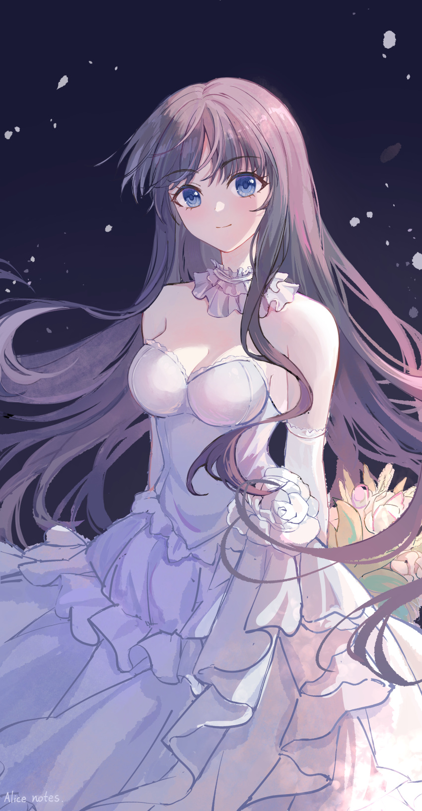 1girl absurdres bangs blue_eyes blush breasts closed_mouth collar dress elbow_gloves flower frilled_collar frilled_dress frills gloves highres large_breasts lixiang_guo_alice long_hair looking_at_viewer purple_hair smile solo strapless strapless_dress touma_kazusa white_album_2 white_dress white_flower white_gloves