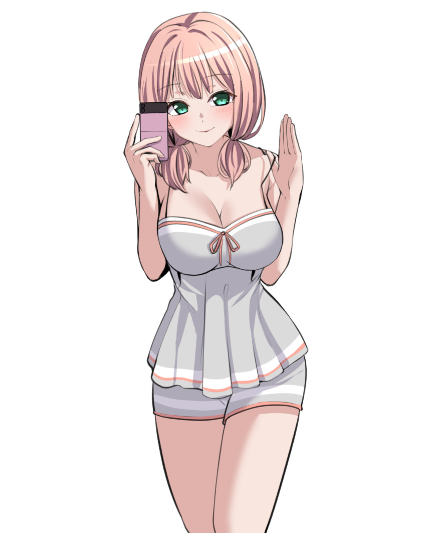 1girl bang_dream! bangs blush breasts camisole cellphone cleavage closed_mouth collarbone cowboy_shot eyebrows_visible_through_hair green_eyes grey_camisole grey_shorts hands_up highres holding holding_phone large_breasts lifted_by_self long_hair looking_at_viewer loungewear low_twintails phone pink_hair ptal selfie short_shorts short_twintails shorts simple_background smartphone smile solo spaghetti_strap standing strap_lift striped striped_camisole striped_shorts twintails uehara_himari white_background