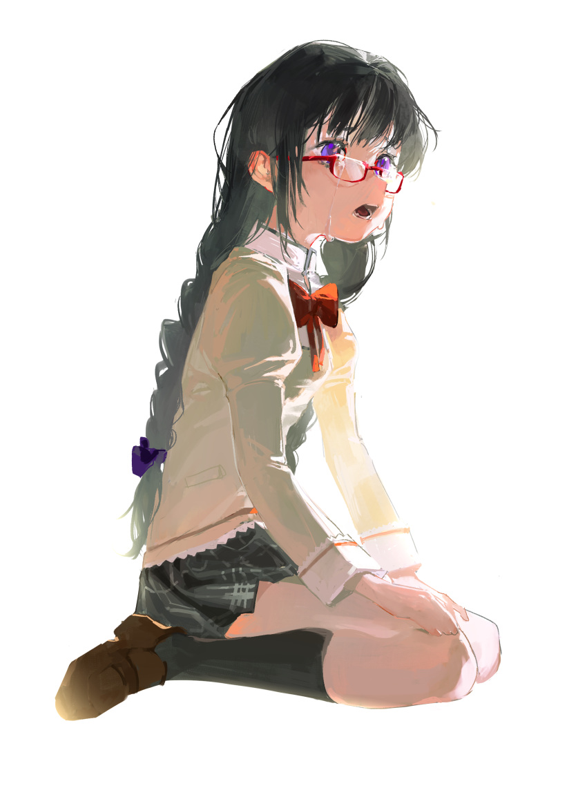 1girl absurdres akemi_homura baifeidaiwang bangs black_hair black_skirt bow bowtie braid brown_footwear chinese_commentary commentary_request crying crying_with_eyes_open from_side full_body glasses hair_ribbon hands_on_own_knees highres kneehighs long_hair mahou_shoujo_madoka_magica open_mouth plaid plaid_skirt purple_eyes red-framed_eyewear red_bow red_bowtie ribbon sad school_uniform shoes simple_background sitting skirt solo tears teeth twin_braids wariza white_background white_legwear