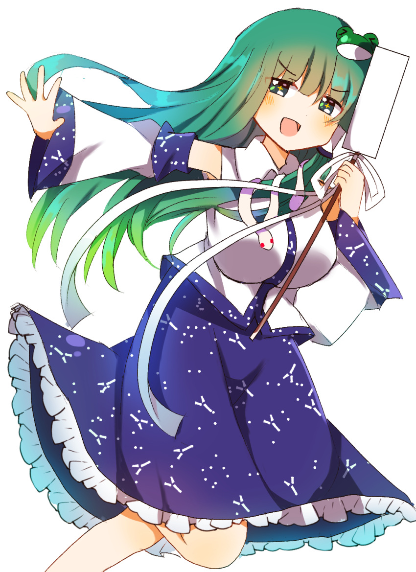 1girl :d bangs blue_skirt blush breasts collared_shirt detached_sleeves eyebrows_visible_through_hair foot_out_of_frame frilled_skirt frills frog_hair_ornament green_eyes green_hair hair_ornament highres holding_gohei kochiya_sanae large_breasts long_hair long_skirt long_sleeves looking_to_the_side nontraditional_miko open_mouth outstretched_arm shirt simple_background single_sidelock skirt sleeveless sleeveless_shirt smile snake_hair_ornament solo touhou v-shaped_eyebrows white_background white_shirt wide_sleeves zeroko-san_(nuclear_f)