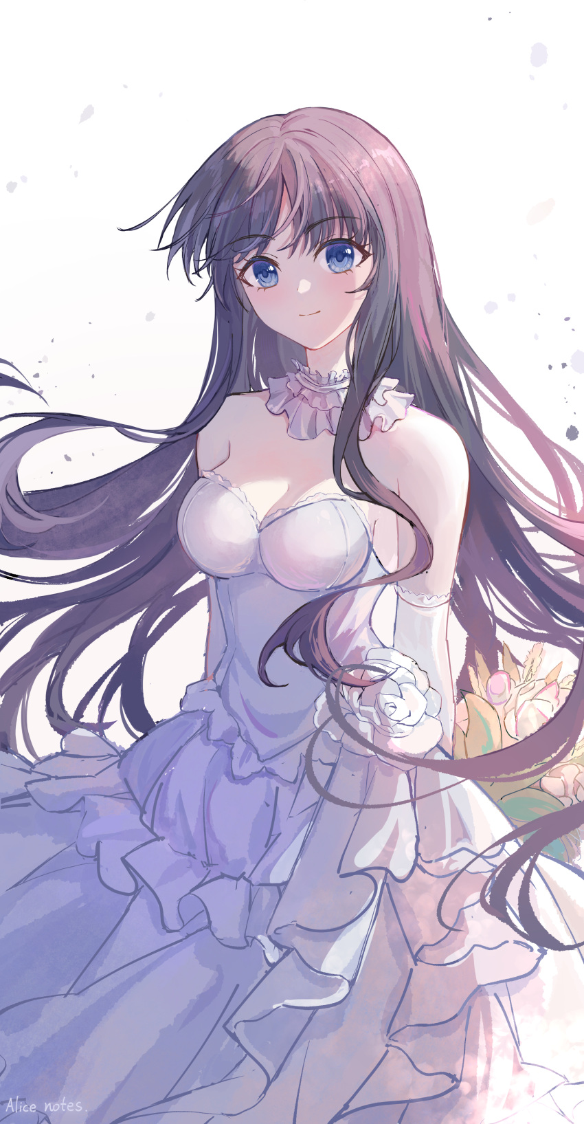 1girl absurdres bangs blue_eyes blush breasts closed_mouth collar dress elbow_gloves flower frilled_collar frilled_dress frills gloves highres large_breasts lixiang_guo_alice long_hair looking_at_viewer purple_hair simple_background smile solo strapless strapless_dress touma_kazusa white_album_2 white_background white_dress white_flower white_gloves