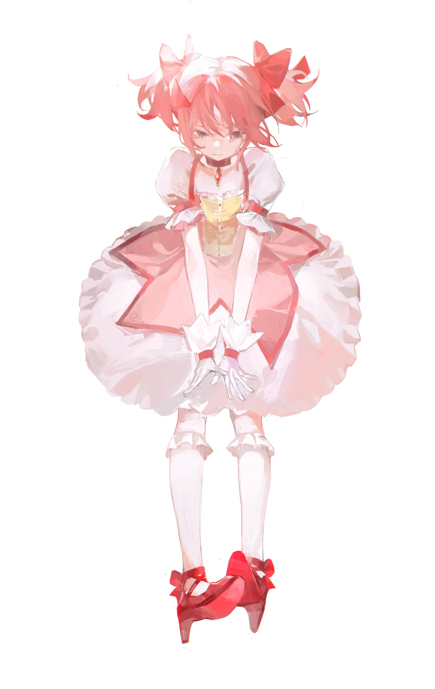 1girl absurdres baifeidaiwang bangs bow buttons choker commentary dress footwear_bow frilled_dress frilled_legwear frills full_body gloves hair_bow high_heels highres kaname_madoka kneehighs magical_girl mahou_shoujo_madoka_magica pink_dress pink_eyes pink_hair puffy_short_sleeves puffy_sleeves red_choker red_footwear shoes short_hair short_sleeves short_twintails simple_background solo soul_gem standing symbol-only_commentary twintails white_background white_gloves white_legwear