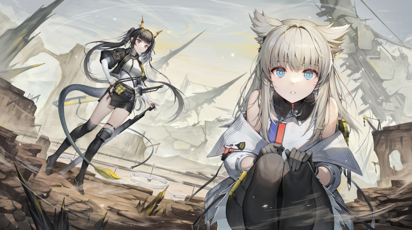 2girls absurdres animal_ears arknights arknights:_endfield bird_ears black_collar black_gloves black_hair black_jacket black_legwear black_skirt blue_eyes breasts closed_mouth coat collar collared_shirt commentary cropped_jacket desert dragon_girl dragon_horns dragon_tail dutch_angle endfield_dragon_girl_(arknights) fur-tipped_tail gloves grey_sky hair_lift hand_on_hip hand_on_own_knee hands_on_own_knees high_heels highres holding holding_sword holding_weapon horns jacket knee_pads kneehighs layered_sleeves light_brown_hair long_hair long_sleeves looking_at_viewer medium_breasts miniskirt multiple_girls off_shoulder open_clothes open_jacket originium_(arknights) outdoors over-kneehighs owl_ears owl_girl pantyhose parted_lips perlica_(arknights) perspective planted planted_sword ponytail red_eyes rock ruins scenery science_fiction shirt short_sleeves sidelocks skirt sleeveless sleeveless_shirt sleeves_past_wrists soho_(user_dphk5745) squatting sword tail technology thighhighs twintails very_long_hair weapon white_coat white_jacket white_shirt yellow_pupils