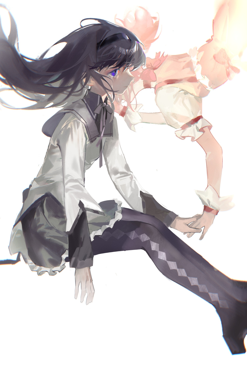 2girls absurdres akemi_homura baifeidaiwang black_hair black_hairband black_legwear black_skirt chinese_commentary commentary_request covered_face feet_out_of_frame floating_hair from_side gloves hairband highres holding_hands jacket kaname_madoka long_hair long_sleeves looking_afar mahou_shoujo_madoka_magica multiple_girls neck_ribbon pantyhose pink_hair profile puffy_short_sleeves puffy_sleeves purple_eyes ribbon school_uniform short_sleeves simple_background sitting skirt tears white_background white_gloves white_jacket yuri