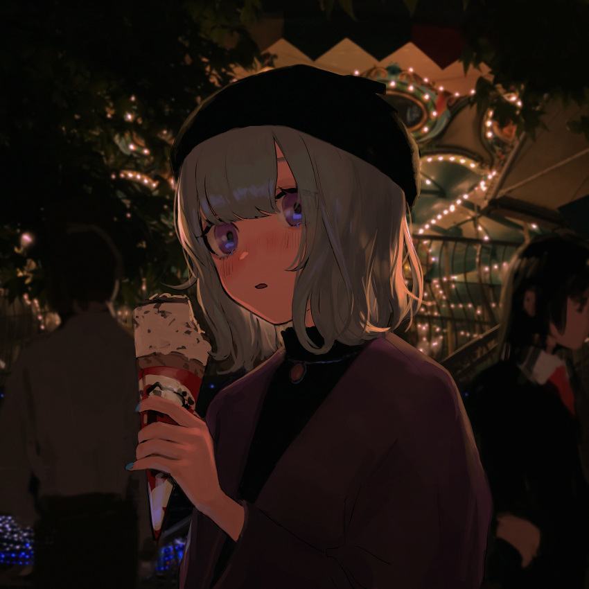 1boy 2girls absurdres amusement_park bangs black_hair black_headwear blush commentary_request food grey_hair highres holding ice_cream ice_cream_cone jewelry k1llg long_sleeves multiple_girls necklace night original parted_lips purple_eyes shirt short_hair solo_focus tree upper_body