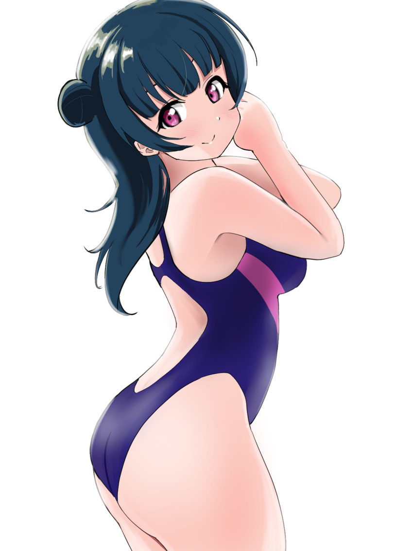1girl ass bangs blue_hair competition_swimsuit cowboy_shot evildaddy12 highres long_hair looking_at_viewer love_live! love_live!_sunshine!! one-piece_swimsuit red_eyes side_bun simple_background smile solo standing swimsuit tsushima_yoshiko white_background