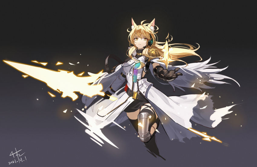 0qianben0 1girl absurdres animal_ear_fluff animal_ears arknights armor bangs belt black_belt black_gloves black_legwear blonde_hair breasts chinese_commentary commentary_request dress eyebrows_visible_through_hair gloves gradient gradient_background grey_background headset highres long_hair looking_at_viewer medium_breasts nearl_(arknights) nearl_the_radiant_knight_(arknights) originium_arts_(arknights) pauldrons shoulder_armor solo thighhighs white_dress yellow_eyes