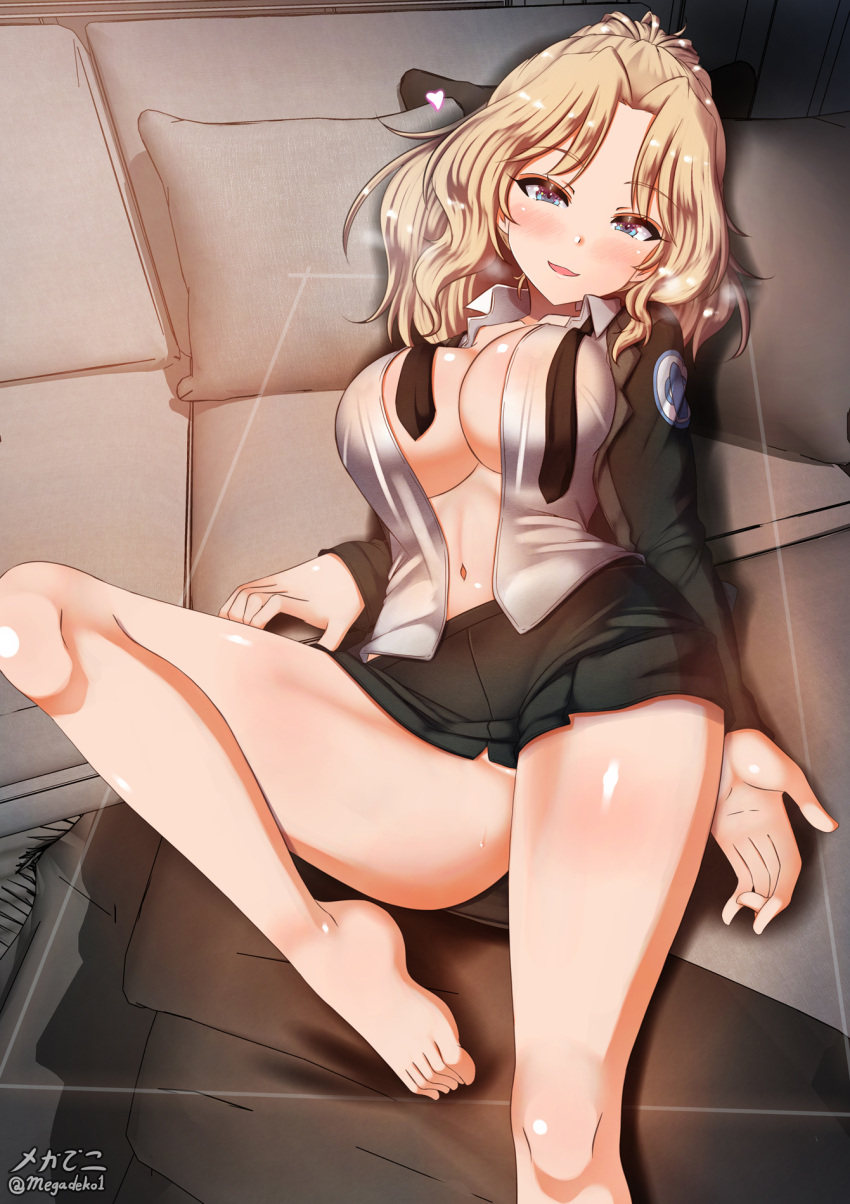 1girl aquaegg barefoot blonde_hair blue_eyes blush breasts cleavage collarbone eyebrows_visible_through_hair girls_und_panzer green_skirt heart highres kay_(girls_und_panzer) large_breasts looking_at_viewer military military_uniform miniskirt navel no_bra no_panties open_clothes open_mouth open_shirt selection_university_military_uniform shiny shiny_hair shiny_skin shirt skirt smile solo uniform white_shirt