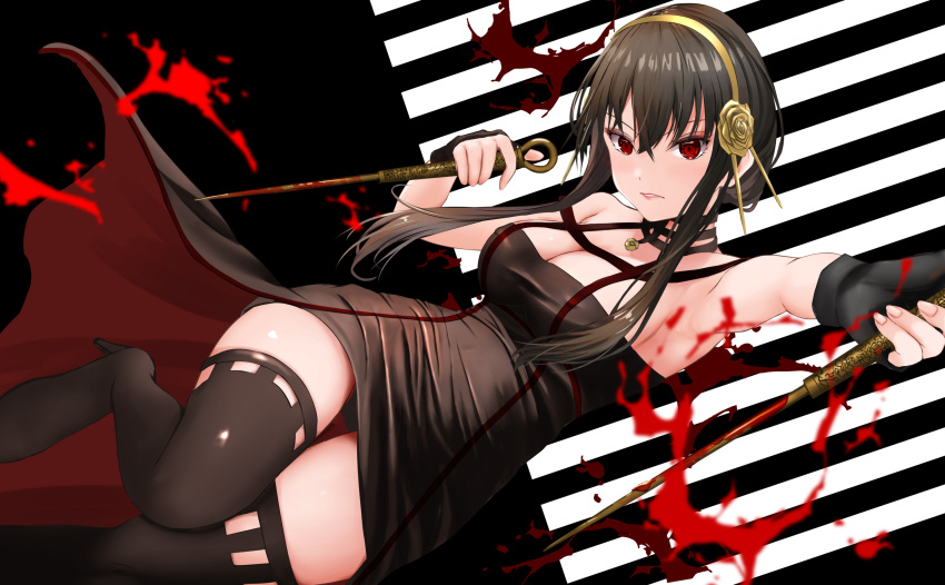 1girl attack bangs black_choker black_dress black_gloves black_hair black_legwear blood blood_on_weapon boots breasts choker cleavage commentary_request dagger dress dual_wielding fingerless_gloves flower gibun_(sozoshu) gloves gold_hairband hair_flower hair_ornament high_heel_boots high_heels highres holding holding_dagger holding_weapon knife large_breasts lips long_hair looking_at_viewer parted_lips pendant_choker red_eyes revision rose sidelocks skindentation solo spikes spy_x_family stiletto_(weapon) taut_clothes taut_dress thigh_boots thighhighs thighs two-sided_dress two-sided_fabric v-shaped_eyebrows weapon yor_briar zettai_ryouiki