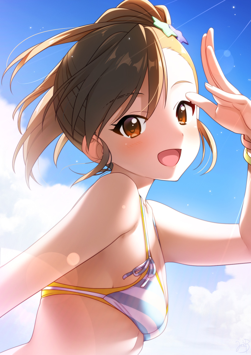 1girl :d arm_up bangs bare_shoulders bikini blue_sky blush bracelet breasts brown_eyes brown_hair cleavage collarbone day eyebrows_visible_through_hair from_side futami_mami hair_ornament highres idolmaster idolmaster_(classic) jewelry lens_flare light_rays looking_at_viewer looking_to_the_side mikapoe open_mouth outdoors short_hair sky small_breasts smile solo star_(symbol) star_hair_ornament striped striped_bikini sunbeam sunlight swept_bangs swimsuit upper_body