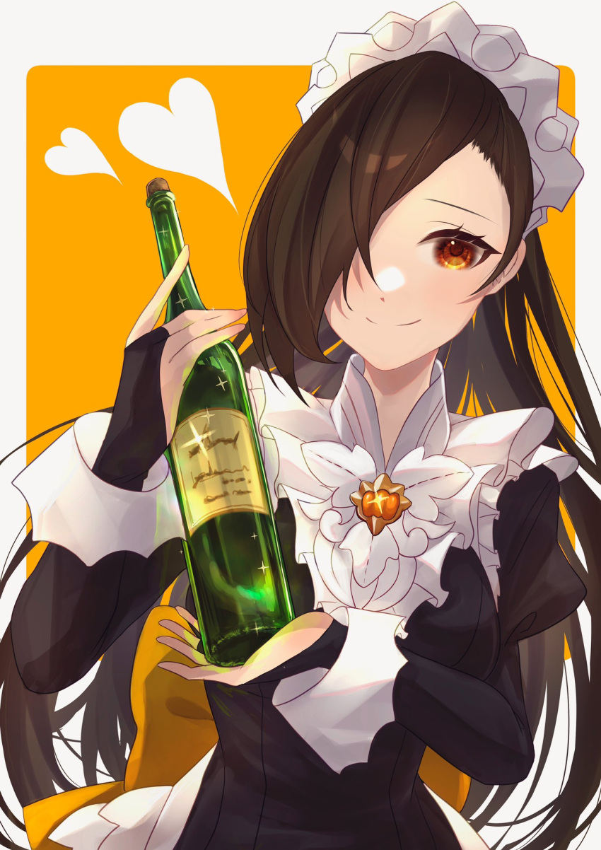 1girl bangs bottle bridal_gauntlets brooch closed_mouth collared_shirt commission fire_emblem fire_emblem_fates fire_emblem_heroes halloween halloween_costume highres holding holding_bottle jewelry kagero_(fire_emblem) long_hair looking_at_viewer maid maid_headdress mizuku official_alternate_costume shirt skeb_commission smile upper_body wine_bottle