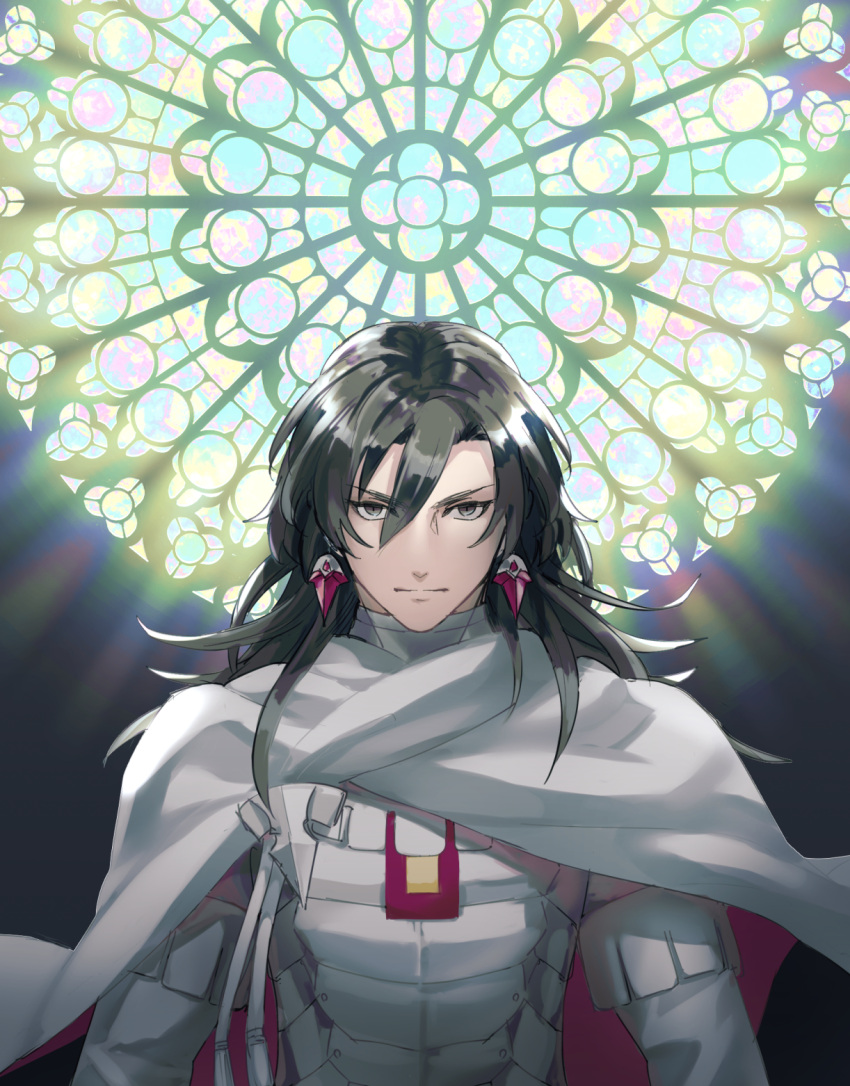 1boy armor black_eyes black_hair bluespeaker cape constantine_xi_(fate) earrings fate/grand_order fate_(series) highres jewelry light long_hair male_focus stained_glass