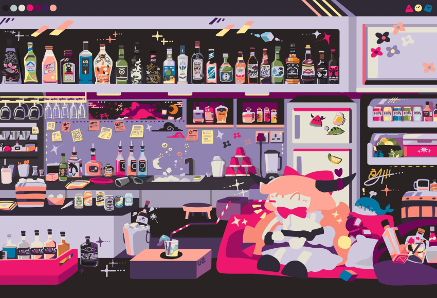 1girl alcohol bar black_footwear blender blush bottle bow bowtie bubble bucket can closed_eyes commentary couch cup cushion disposable_cup drinking_glass drinking_straw electric_socket facing_viewer food gourd hair_bow highres horns ibuki_suika ice ice_cream ice_cube indoors leaf long_hair magnet note okunoda_miyoi okunoda_miyoi_(whale) oni oni_horns orange_hair purple_skirt red_bow red_bowtie refrigerator sakazuki shelf shirt signature sink sitting skirt sleeveless sleeveless_shirt solo spoon stool thatpebble touhou very_long_hair white_shirt wide_shot wine_glass