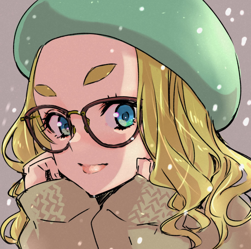 1girl beret blonde_hair blue_eyes dekomegane forehead glasses green_headwear hat head_rest highres long_hair looking_at_viewer original sasetsu short_eyebrows sketch sleeves_past_wrists smile snowing solo sweater thick_eyebrows upper_body