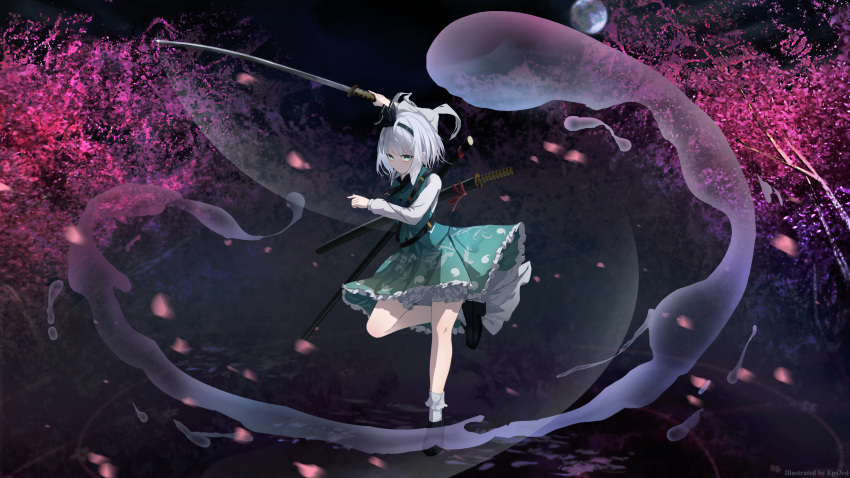 1girl absurdres bloomers bob_cut eps3rd green_eyes green_skirt green_vest hair_ribbon hairband highres hitodama holding holding_sword holding_weapon katana konpaku_youmu konpaku_youmu_(ghost) looking_at_viewer petals petticoat puffy_sleeves ribbon shirt shoes short_hair short_sleeves simple_background skirt skirt_set socks solo standing standing_on_one_leg sword touhou underwear vest weapon white_legwear white_shirt