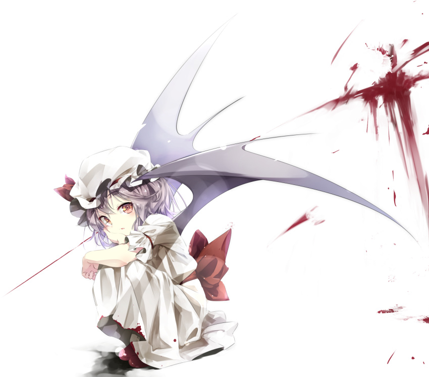 1girl bat_wings blood blood_on_clothes blood_on_face blood_on_hands blood_splatter bow dress gorilla_(bun0615) hat hat_ribbon highres looking_at_viewer mob_cap puffy_sleeves red_eyes remilia_scarlet ribbon short_hair short_sleeves solo touhou wings