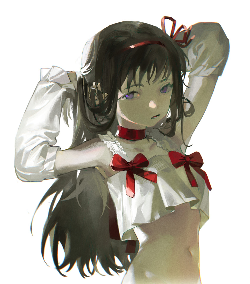 1girl absurdres akemi_homura arms_up baifeidaiwang bangs black_hair bow chinese_commentary choker collarbone commentary_request crop_top crop_top_overhang detached_sleeves frilled_straps hairband hands_in_hair highres long_hair looking_at_viewer mahou_shoujo_madoka_magica midriff navel open_mouth purple_eyes red_bow red_choker red_hairband shirt simple_background solo upper_body white_background white_shirt