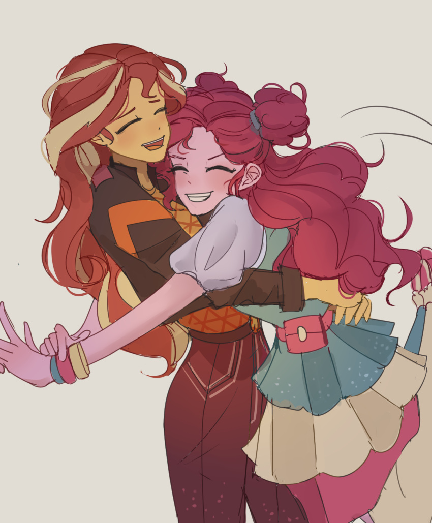 2girls arms_around_waist blonde_hair bracelet closed_eyes curly_hair double_bun half_updo happy highres hug jacket jewelry jumping leather leather_jacket multicolored_hair multiple_girls my_little_pony my_little_pony_equestria_girls orange_shirt pants pink_hair pinkie_pie red_hair red_pants shirt skirt sunset_shimmer tcn_tancha yuri