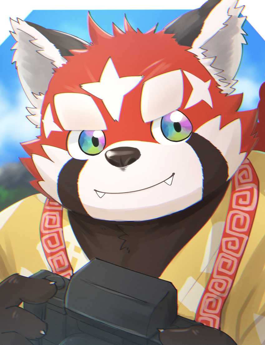 2022 absurd_res ailurid anthro biped black_body black_nose camera clothed clothing cute_fangs hi_res kemono lifewonders mammal red_body red_panda solo tokyo_afterschool_summoners video_games zhurong_(tas) zuboboz