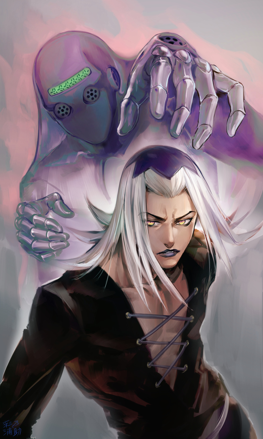 1boy absurdres highres jojo_no_kimyou_na_bouken leone_abbacchio looking_to_the_side medium_hair moody_blues_(stand) pectoral_cleavage pectorals pose purple_lips simple_background stand_(jojo) uraki_(tetsu420) vento_aureo white_hair yellow_eyes