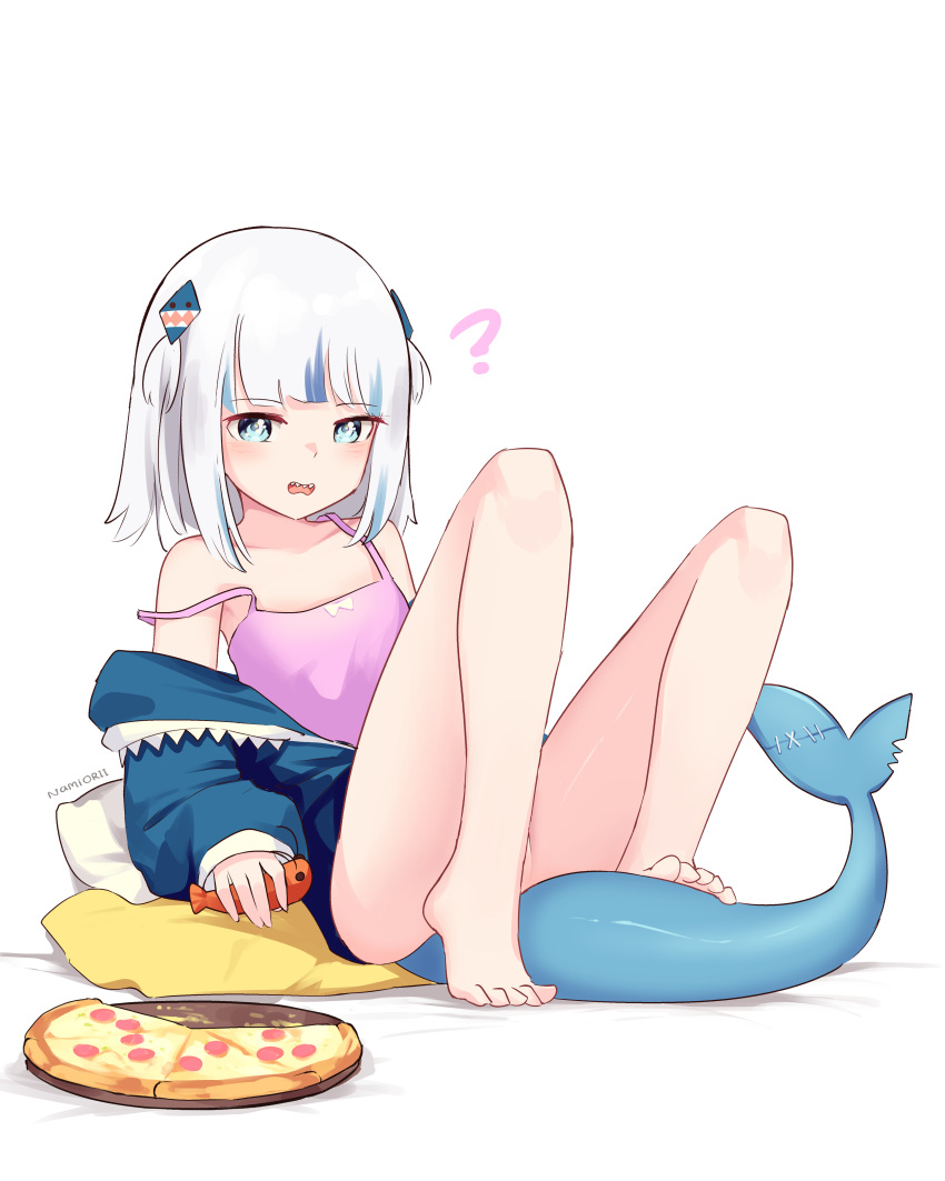 1girl absurdres animal_costume animal_hood bangs bare_shoulders barefoot blue_eyes blue_hair blue_hoodie blunt_bangs fish_tail food gawr_gura hair_ornament highres hololive hololive_english holomyth hood hoodie long_sleeves medium_hair multicolored_hair namiorii pizza shark_costume shark_girl shark_hair_ornament shark_hood shark_tail sharp_teeth shrimp sleeves_past_wrists solo streaked_hair tail teeth two_side_up undressing virtual_youtuber white_hair wide_sleeves