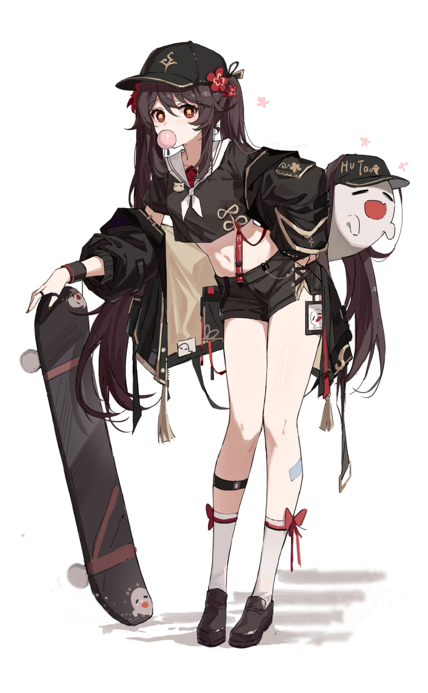 1girl alternate_costume bare_legs baseball_cap black_footwear black_hair black_headwear black_jacket black_shirt black_shorts bubble_blowing casual contemporary crop_top full_body genshin_impact hat highres hu_tao_(genshin_impact) jacket leg_strap loafers long_sleeves midriff navel open_clothes open_jacket red_eyes sailor_collar sailor_shirt shirt shoes short_shorts shorts simple_background skateboard solo standing star-shaped_pupils star_(symbol) stomach symbol-shaped_pupils thighs twintails white_background white_legwear yajuu