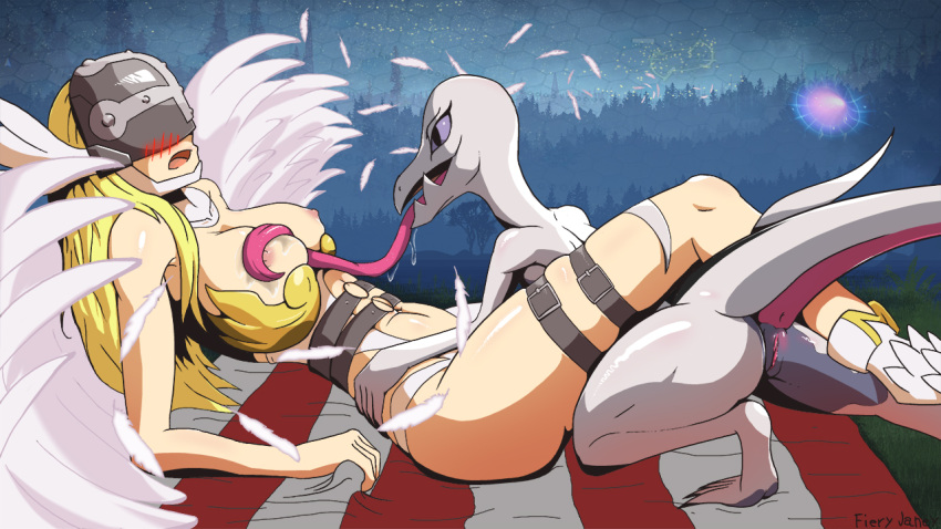 angewomon anthro bandai_namco bra_down breast_lick breast_play breasts butt digimon digimon_(species) duo embarrassed female female/female fieryashy genitals human interspecies licking lizard mammal nintendo nipples outside pok&eacute;mon pok&eacute;mon_(species) pussy reptile salazzle scalie tongue tongue_out video_games wings