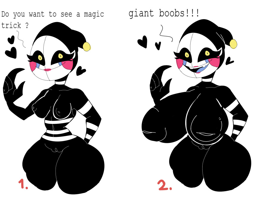 &lt;3 4_fingers absurd_res alternate_form areola big_areola big_breasts big_nipples black_areola black_body black_nipples black_sclera breast_expansion breasts cumlord dialogue doll expansion eyelashes facial_markings female fingers five_nights_at_freddy's freddy_fazbear's_pizzeria_simulator genitals gesture head_markings hi_res huge_areola huge_breasts huge_nipples humanoid inverted_nipples lipstick looking_at_viewer machine makeup markings navel nipples not_furry nude open_mouth pink_lipstick pointing pointing_at_self puppet pussy robot robot_humanoid rosy_cheeks scottgames security_puppet_(fnaf) sharp_teeth simple_background small_breasts smile solo striped_body striped_markings stripes talking_to_viewer tear_(marking) teeth text thick_thighs video_games white_background wide_hips yellow_eyes
