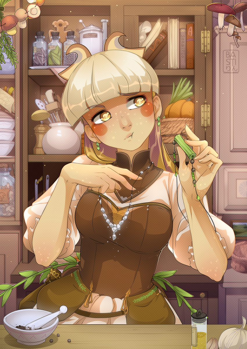 1girl artist_name basti_rin blonde_hair blush_stickers book bookshelf bottle brown_dress cross dress earrings eating food gourd gradient_hair hair_ornament highres indoors jewelry multicolored_hair mushroom necklace onion original pepper_shaker personification pestle short_sleeves solo upper_body yellow_eyes